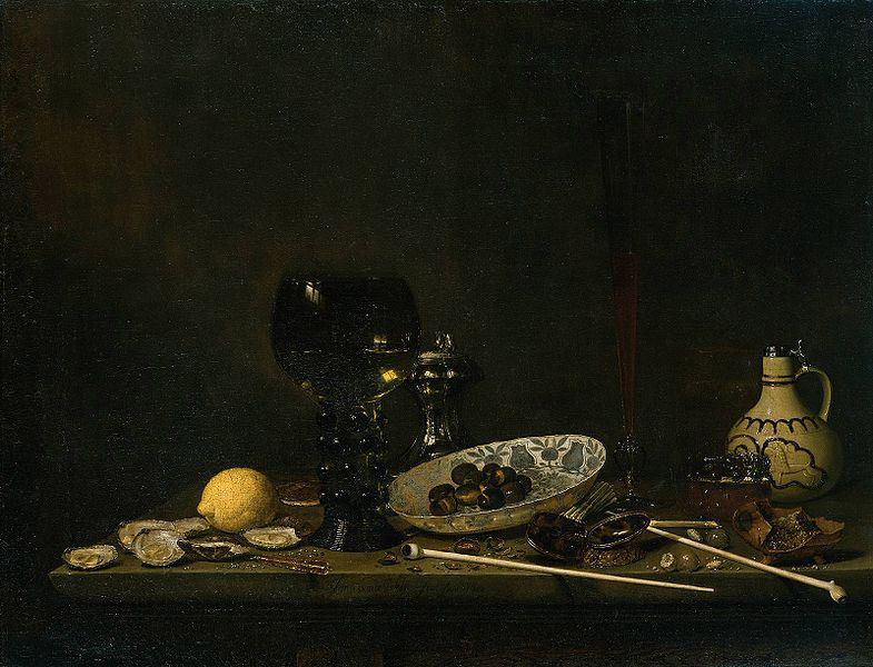 Jan van de Velde Still life with wineglass, flute glass, earthenware jug and pipes